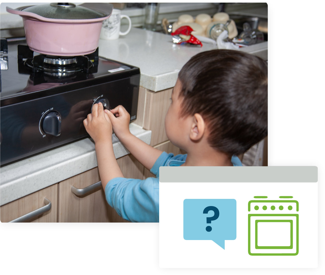 An image of a child standing in front of a gas stove with the burner off. In the foreground, there is an illustration with a question mark icon, and a stove icon.